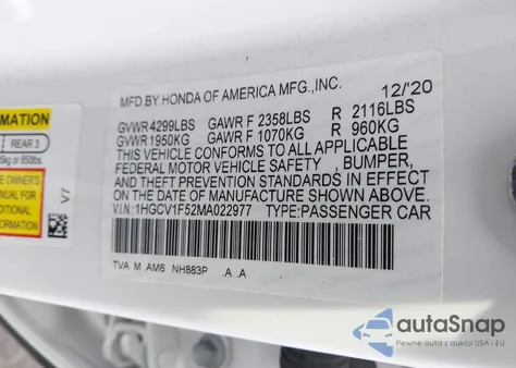 2021 Honda Accord Ex-L z USA, uszkodzony, nr VIN 1HGCV1F52MA022977